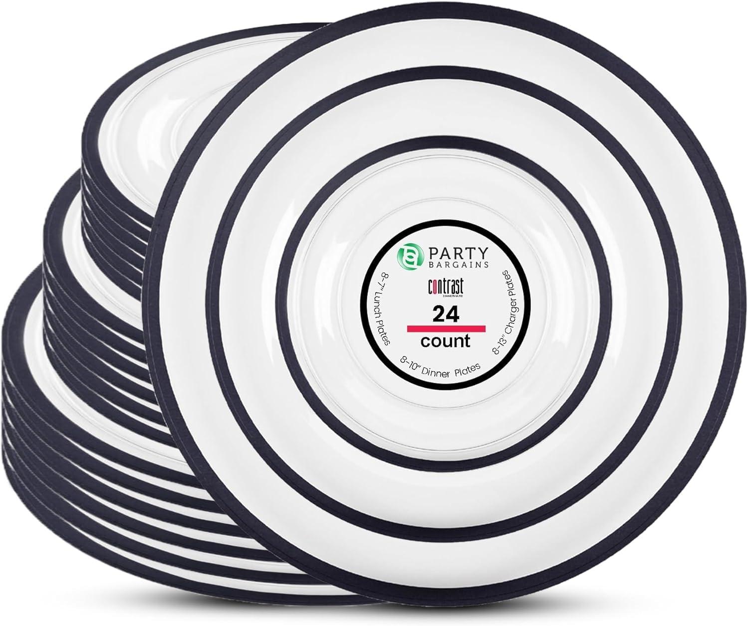 imagePARTY BARGAINS Disposable Plastic Plates Contrast Collection Clear with Gold Rim 64 Plates 7in Appetizer amp 10in Dinner Plates 32 Each Elegant Party Plates for Events and CateringClear Black Rim