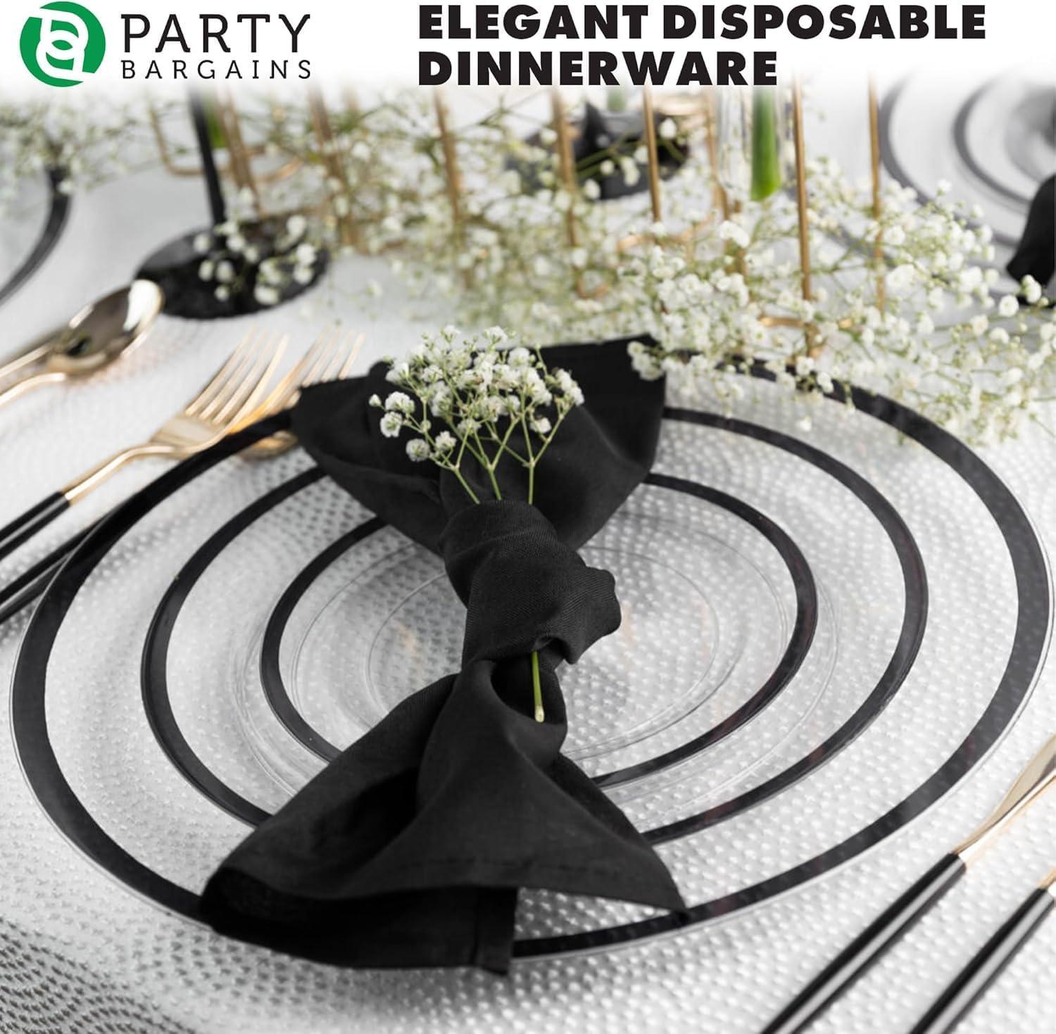 imagePARTY BARGAINS Disposable Plastic Plates Contrast Collection Clear with Gold Rim 64 Plates 7in Appetizer amp 10in Dinner Plates 32 Each Elegant Party Plates for Events and CateringClear Black Rim