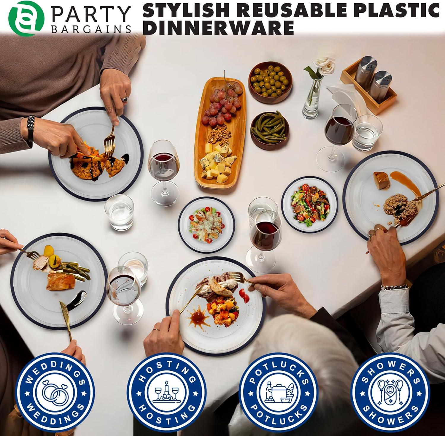 imagePARTY BARGAINS Disposable Plastic Plates Contrast Collection Clear with Gold Rim 64 Plates 7in Appetizer amp 10in Dinner Plates 32 Each Elegant Party Plates for Events and CateringClear Black Rim