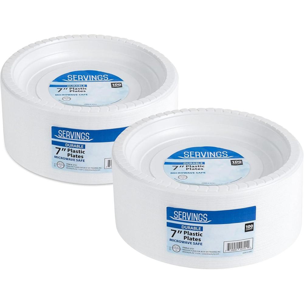 imageBlue Sky 7 Inch White Plastic Plates 200 Count Disposable Plastic Plates Microwave Safe Perfect for Birthday Parties Weddings Banquets Picnics and Everyday Use