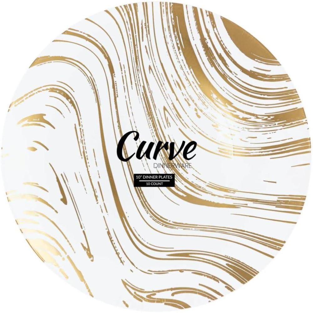 imagePARTY BARGAINS 10 Curve Collection Disposable Dinner Plates 10 Pack Heavy Duty White Gold Curve Elegant Tableware Dish Plates for Banquets Catering and Formal Events