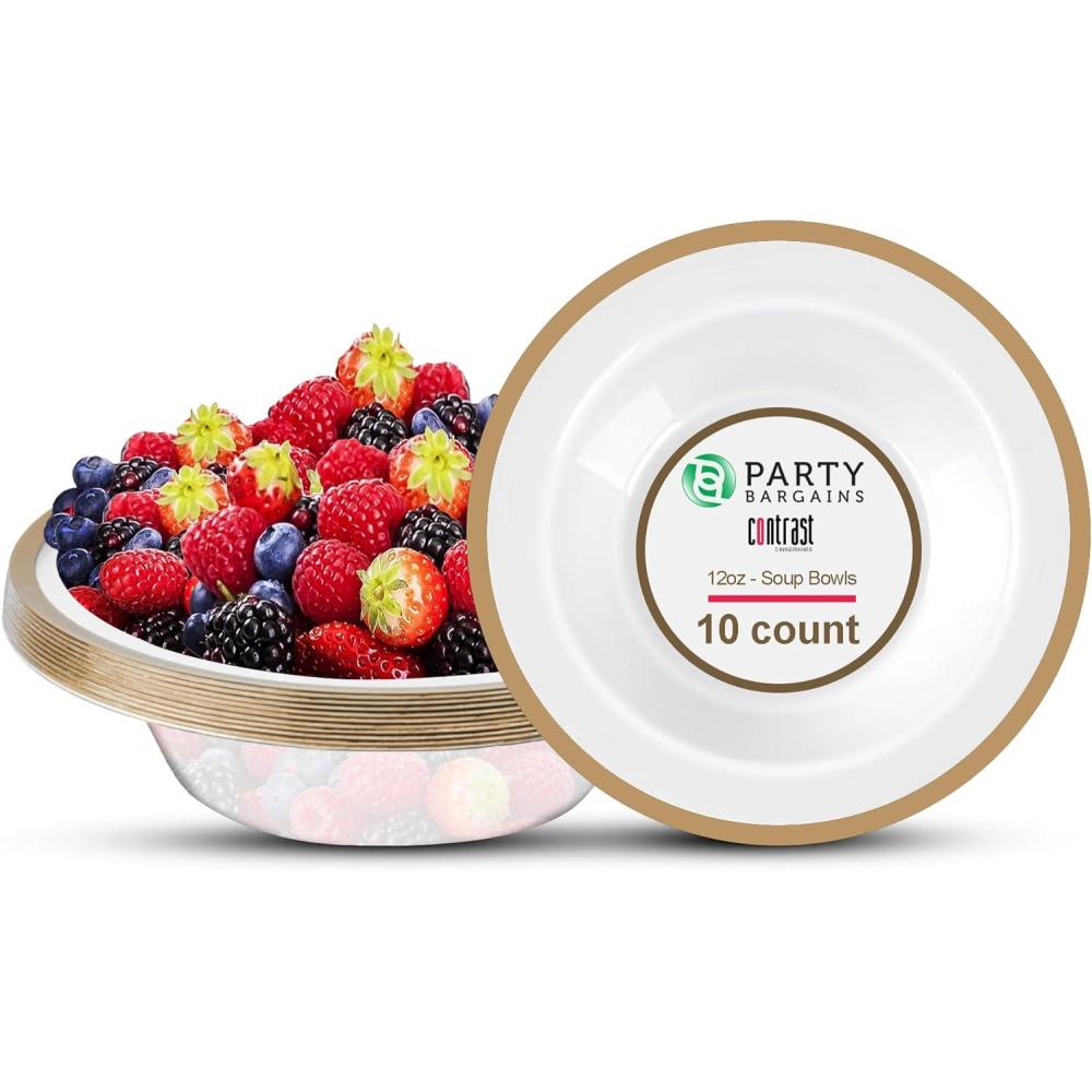 imagePARTY BARGAINS 12oz Contrast Collection Disposable Bowls Contrast Collection Clear with Gold Rim 10 Pack