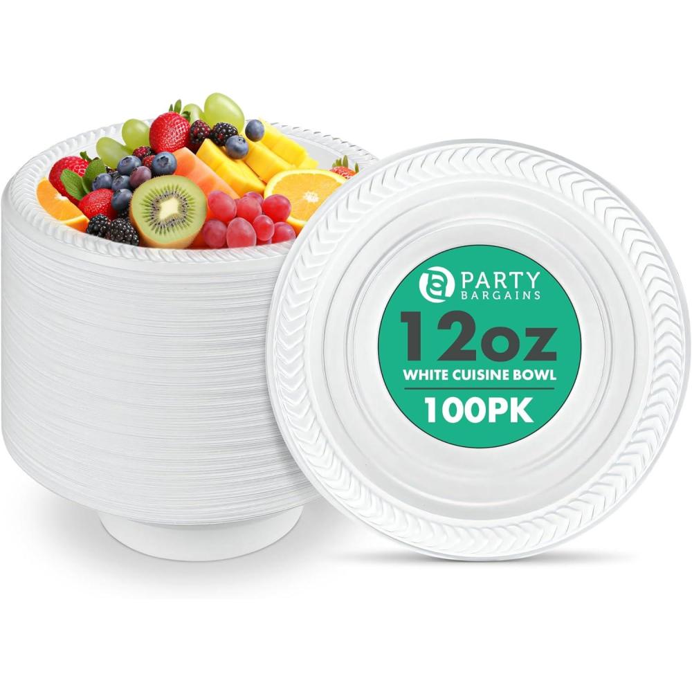 imagePARTY BARGAINS 12oz Disposable White Plastic Bowls 100 Pack Microwave Safe Dinnerware
