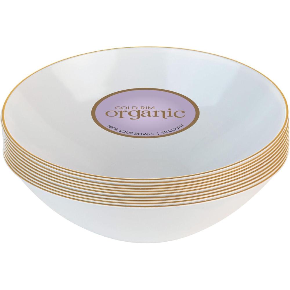 imagePARTY BARGAINS 16oz Disposable Organic Collection Round Bowls 10 Pack White with Gold Rim Elegant Plastic Dish Bowl Containers Dishware for Storing Serving Snacks Desserts Fruits Appetizer