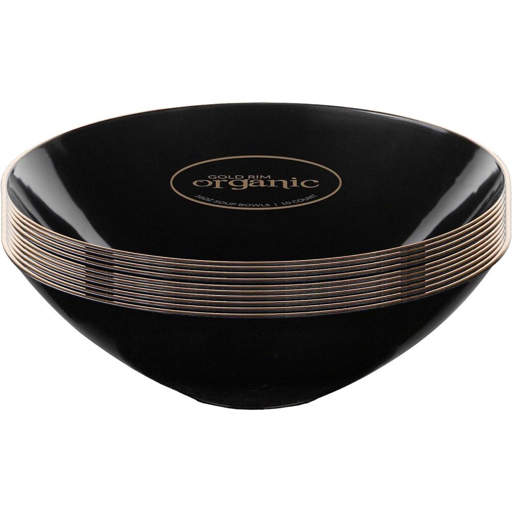 imagePARTY BARGAINS 16oz Disposable Organic Collection Round Bowls 20 Pack Black with Gold Rim Elegant Plastic Dish Bowl Containers for Storing