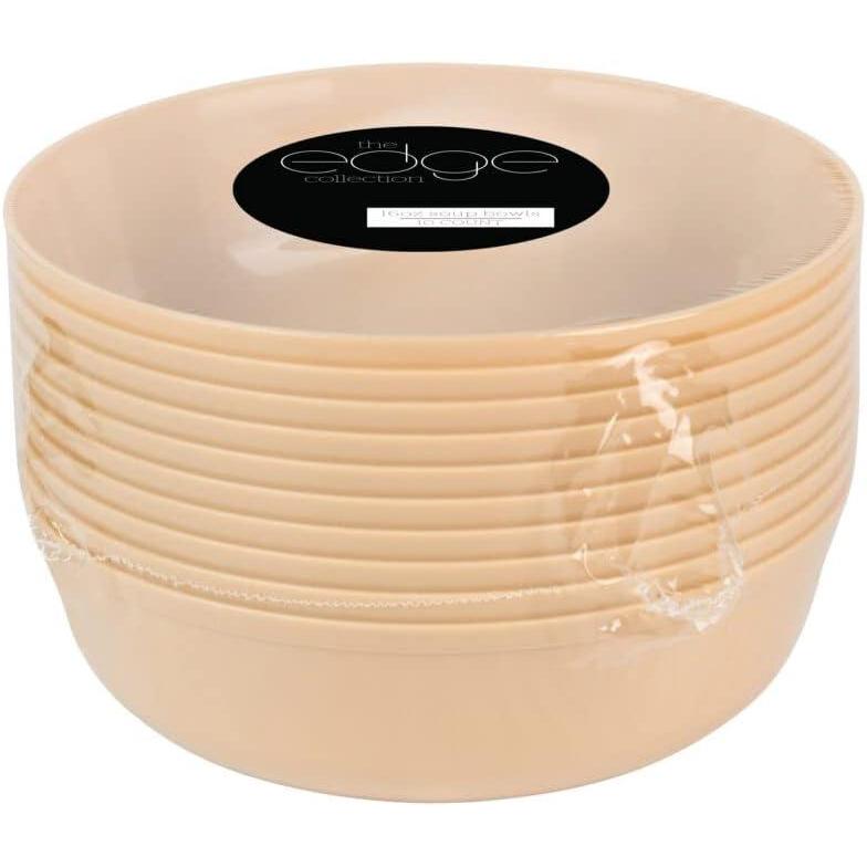 imagePARTY BARGAINS 16oz Edge Collection Disposable Bowls 10 Pack Pink Round Plastic Bowls for Mixing Serving and Storing Foods Salads DessertsBeige