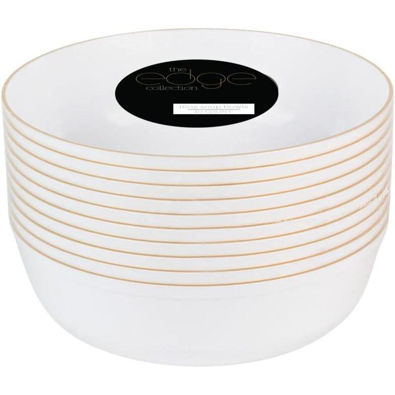 imagePARTY BARGAINS 16oz Edge Collection Disposable Bowls 10 Pack Pink Round Plastic Bowls for Mixing Serving and Storing Foods Salads DessertsWhite  Gold Rim