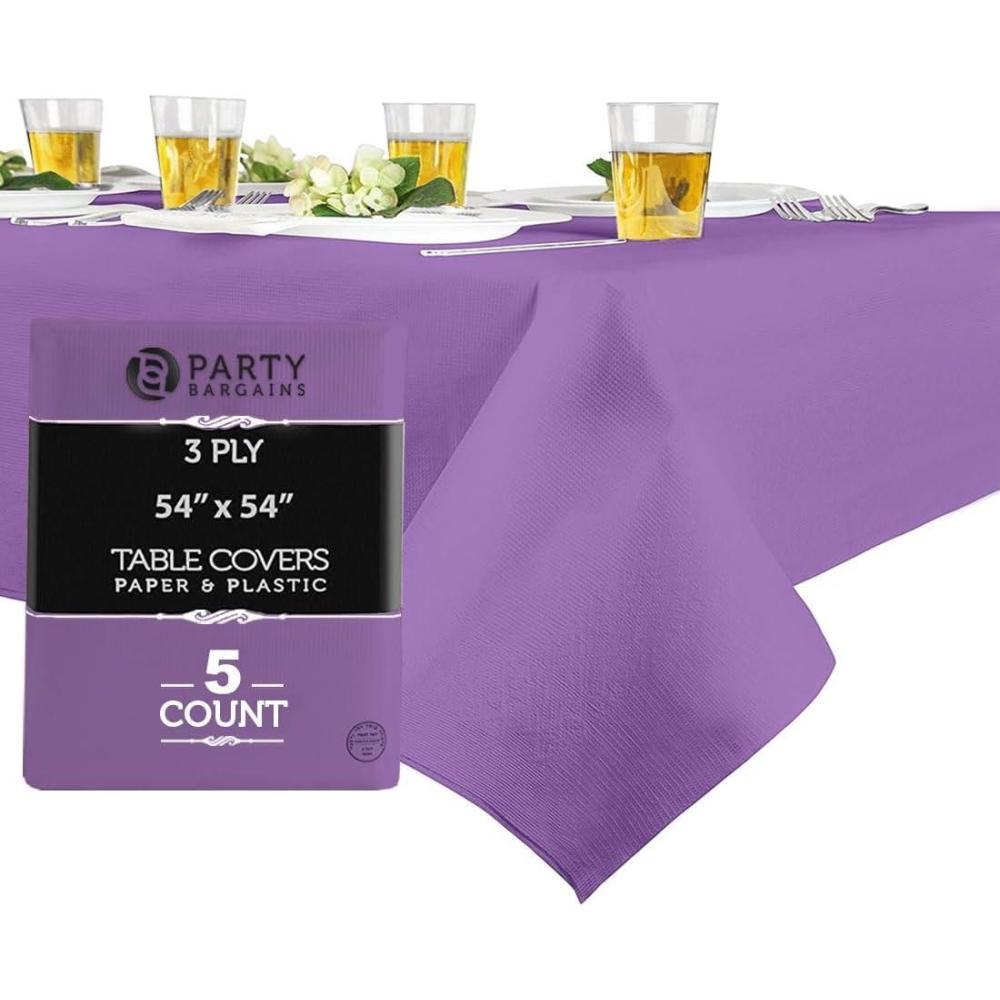 imagePARTY BARGAINS 5 Disposable Table Covers 54 X 54 White Table Cover 3 Ply Paper amp Plastic TableclothPurple