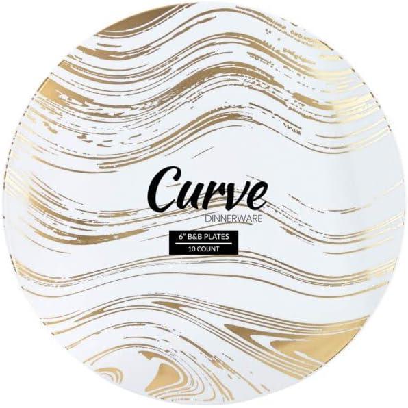 imagePARTY BARGAINS 6 Curve Collection Disposable Dinner Plates 10 Pack Heavy Duty White Gold Curve Elegant Tableware Dish Plates for Banquets Catering and Formal Events