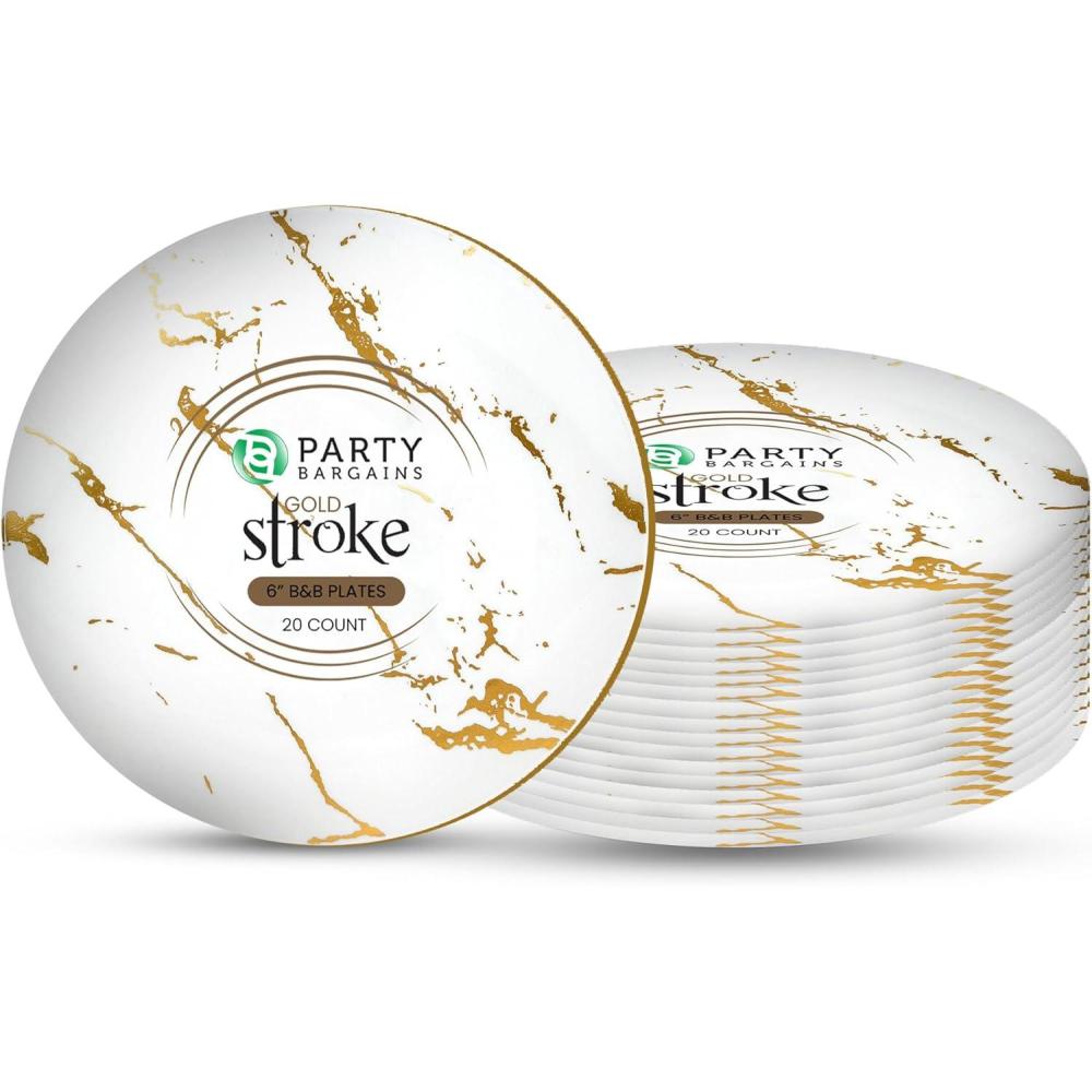 imagePARTY BARGAINS 6 Gold Stroke Collection Disposable Lunch Plates 20 Pack White Plastic Table Setting Plates Excellent Dinnerware for Banquet Formal Events