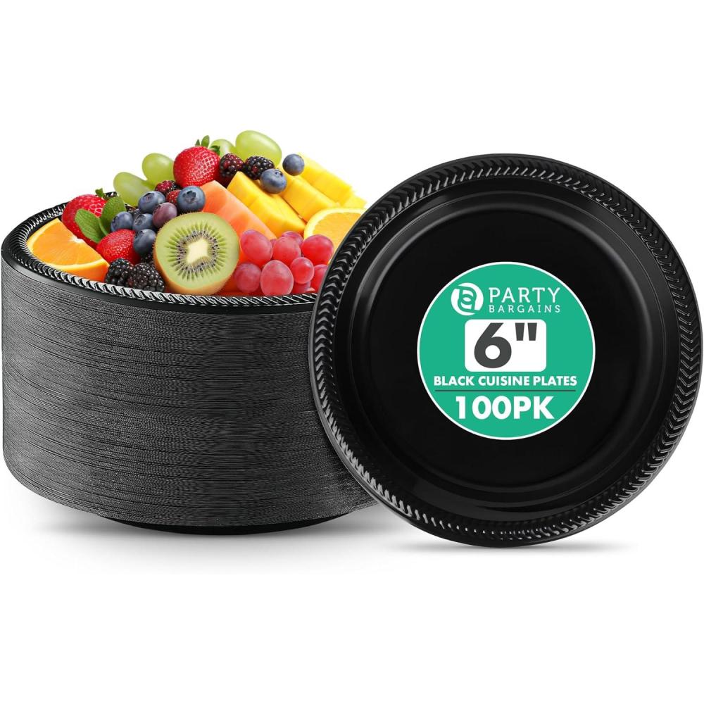imagePARTY BARGAINS 6 Inch Disposable Black Plastic Plates 200 Pack Microwave Safe DinnerwareBlack