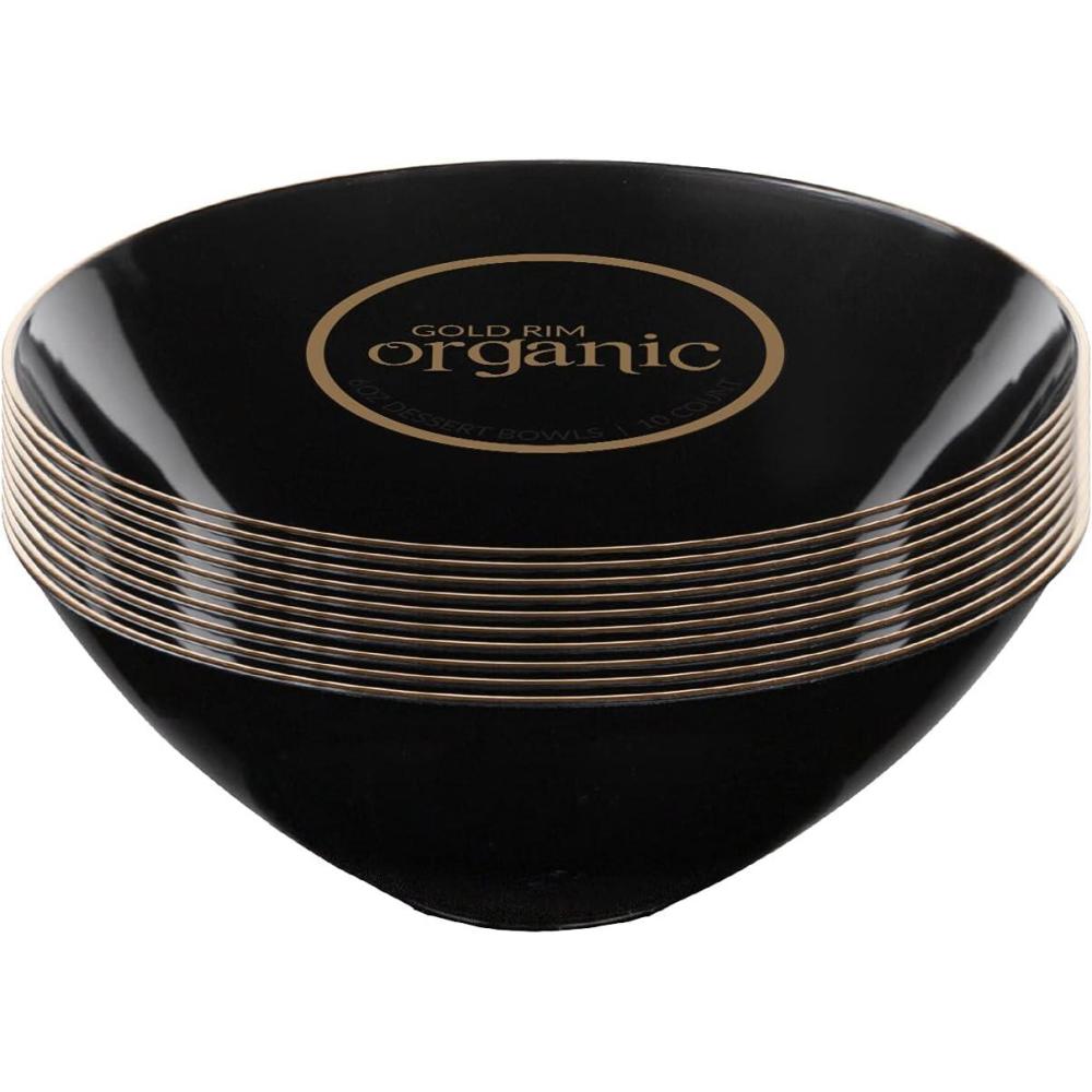 imagePARTY BARGAINS 6oz Disposable Organic Collection Round Bowls 20 Pack Black with Gold Rim Elegant Plastic Dish Bowl Containers for Storing