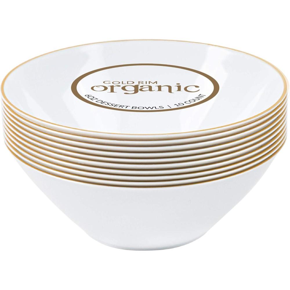imagePARTY BARGAINS 6oz Disposable Organic Collection Round Bowls 20 Pack White with Gold Rim Premiumquality amp Elegant Plastic Dish Bowl Containers Dishware for Storing Serving