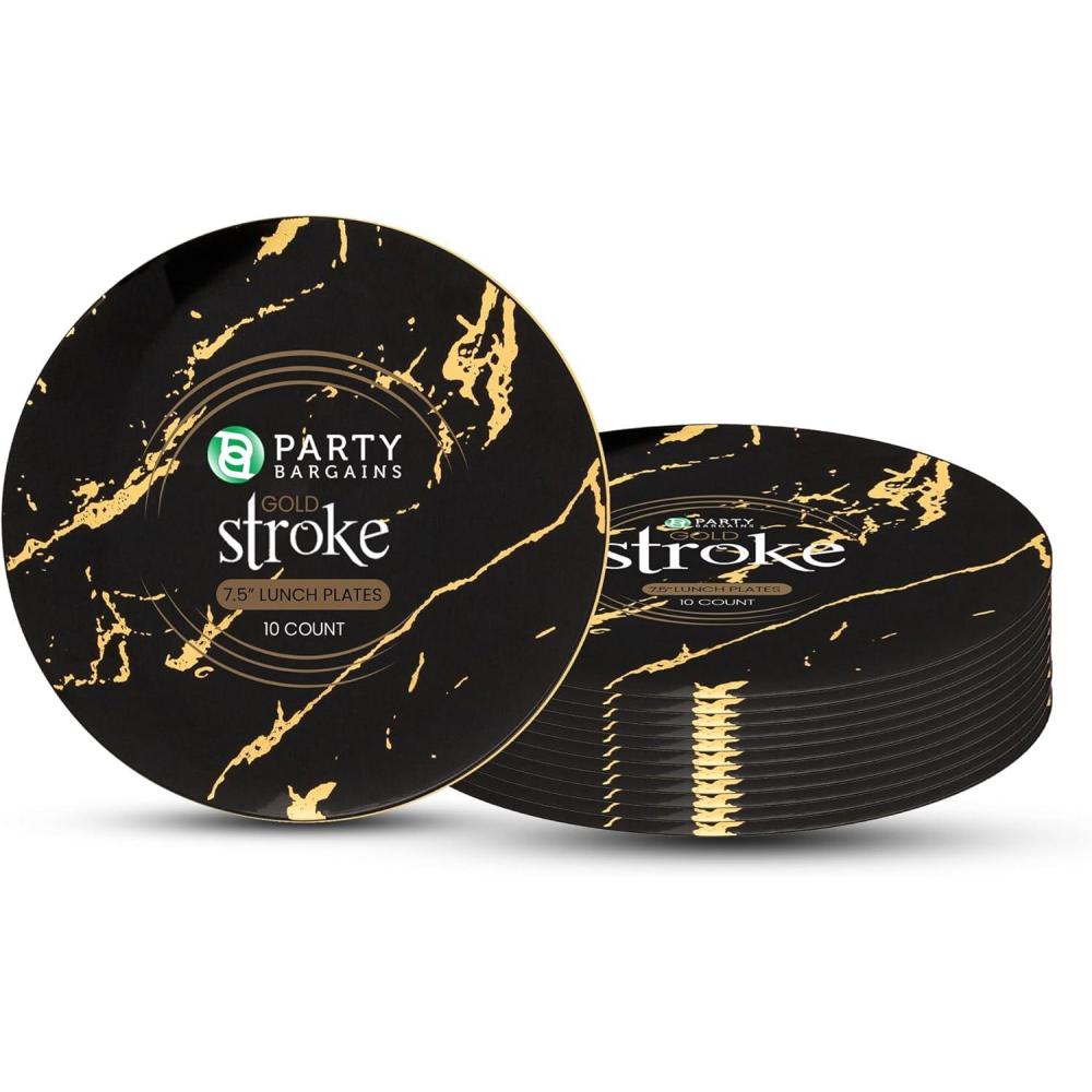 imagePARTY BARGAINS 75 Gold Stroke Collection Disposable Lunch Plates 10 Pack Black Plastic Table Setting Plates Excellent Dinnerware for Banquet Formal Events