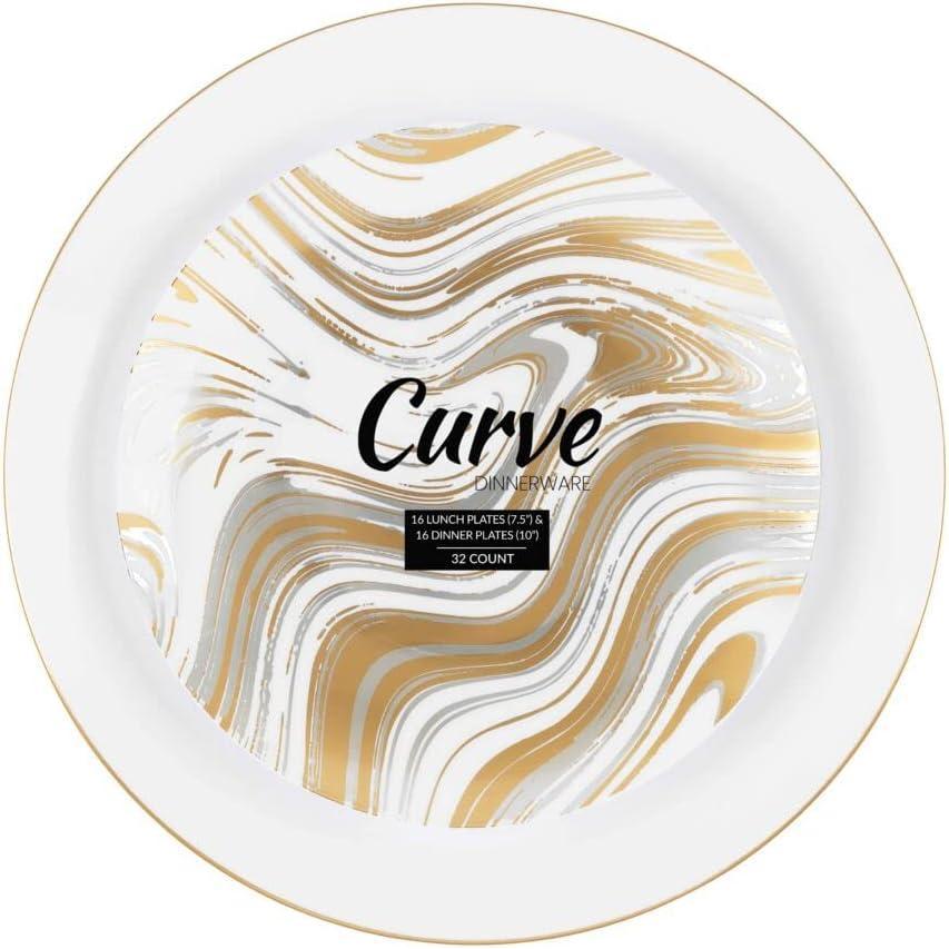 imagePARTY BARGAINS 75 amp 10 Curve Collection Disposable Dinner Plates Combo  64 Pack Heavy Duty Silver Gold Curve Elegant Tableware Dish Plates for Banquets Catering and Formal Events