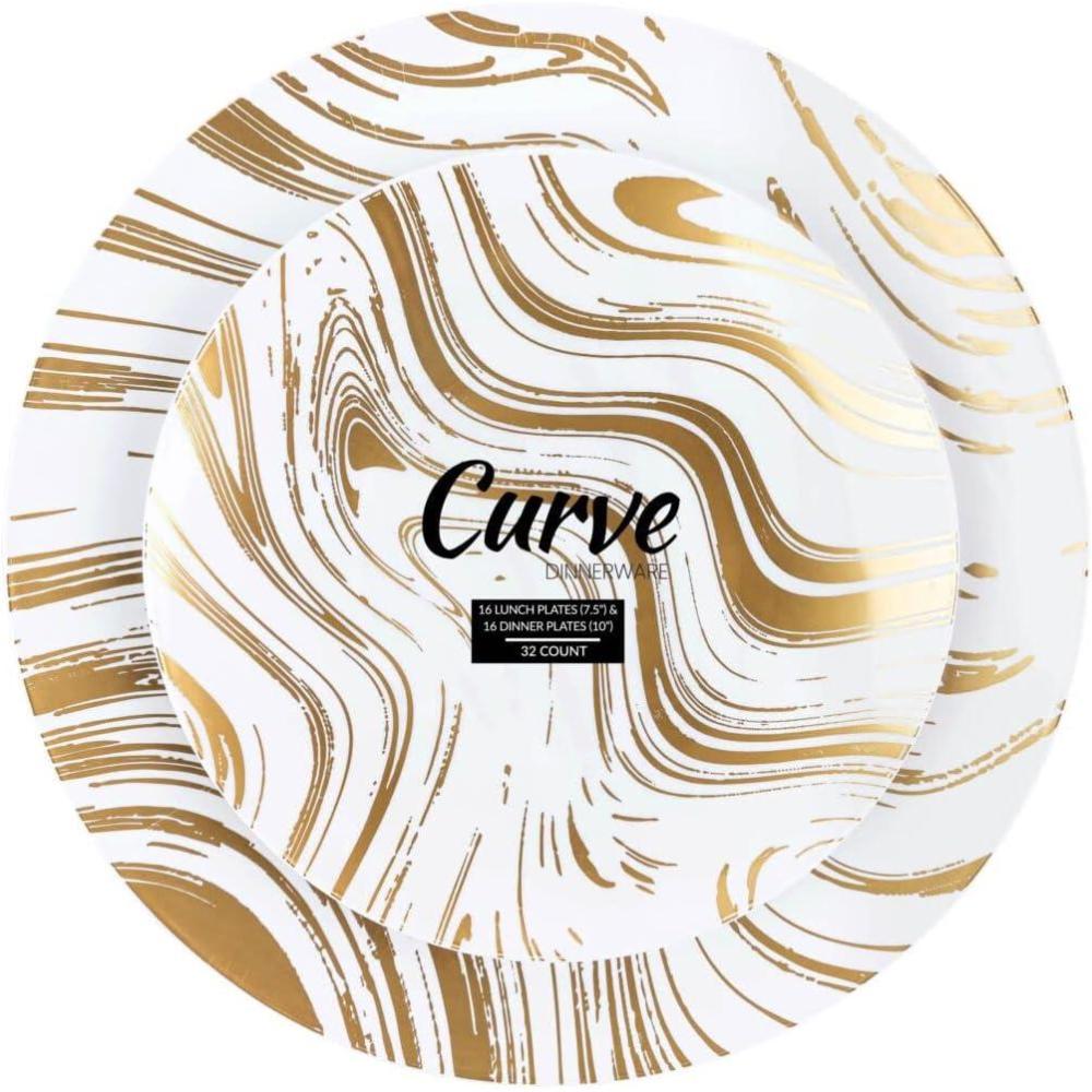 imagePARTY BARGAINS 75 amp 10 Curve Collection Disposable Dinner Plates Combo 64 Pack Heavy Duty White Gold Curve Elegant Tableware Dish Plates for Banquets Catering and Formal Events