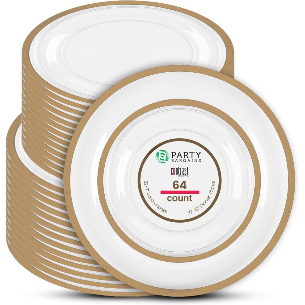 imagePARTY BARGAINS Disposable Plastic Plates  Contrast Collection Clear with Gold Rim  64 Plates 7in Appetizer amp 10in Dinner Plates 32 Each  Elegant Party Plates for Events and CateringClear Gold Rim