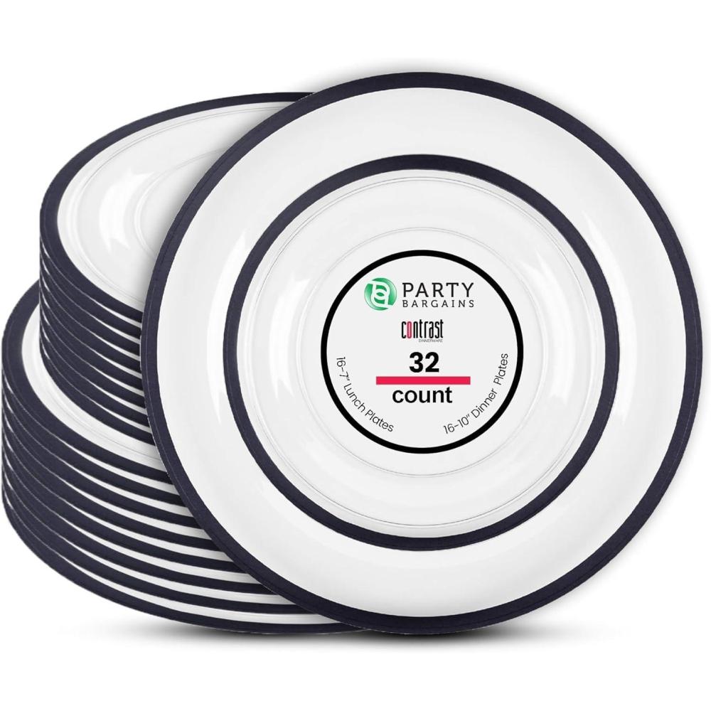imagePARTY BARGAINS Disposable Plastic Plates  Contrast Collection Clear with Gold Rim  64 Plates 7in Appetizer amp 10in Dinner Plates 32 Each  Elegant Party Plates for Events and CateringClear Black Rim