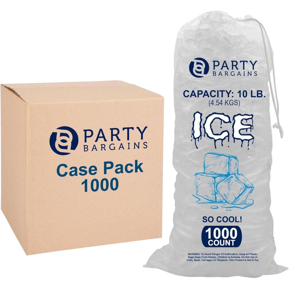 imageParty Bargains 10 lb Plastic Drawstring Ice Bags 1000 Count 20 x 12 Durable Heavy Duty Ice Storage Bags for Parties Catering Coolers Outdoor Events1000