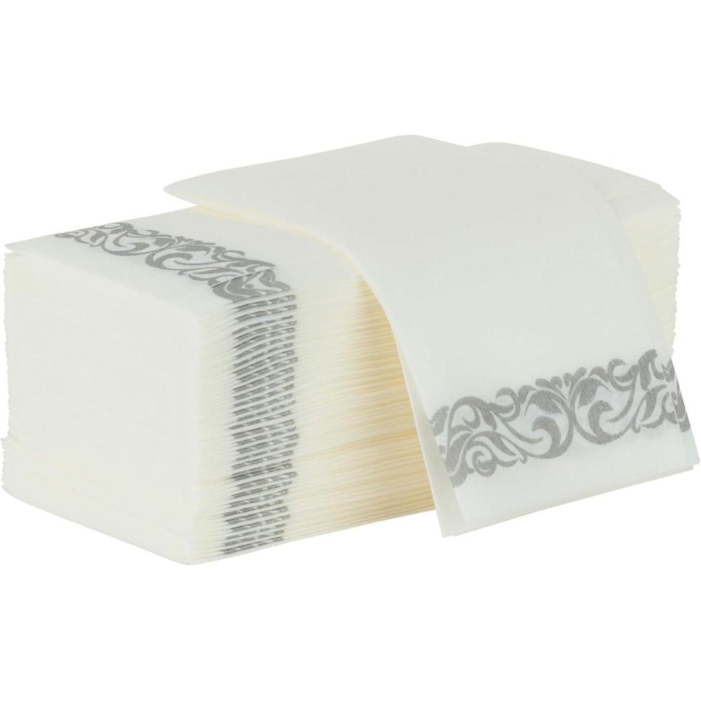 imageParty Bargains Disposable LinenFeel Guest Towels 100 Pack 12 x 17 White with Silver Print Soft Paper Hand Towels for Weddings Cocktail Party Decorative Fold Dinner NapkinsSilver