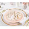 PARTY BARGAINS 7.5″ & 10″ Curve Collection Disposable Dinner Plates Combo – 64 Pack, Heavy Duty White/Pink Gold Curve Elegant Tableware Dish Plates for Banquets, Catering, and Formal Events