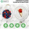 PARTY BARGAINS Disposable Plastic Plates – Contrast Collection, Clear with Gold Rim – 64 Plates (7in Appetizer & 10in Dinner Plates, 32 Each) – Elegant Party Plates for Events and Catering(Clear White Rim)
