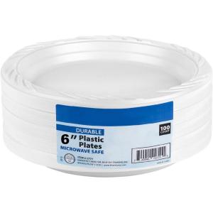 Blue Sky 6 Inch White Plastic Plates – [100 Count] Disposable Plastic Plates, Microwave Safe, Perfect for Birthday Parties, Weddings, Banquets, Picnics, and Everyday Use