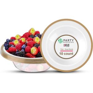PARTY BARGAINS 12oz Contrast Collection Disposable Bowls, Contrast Collection Clear with Gold Rim [10 Pack]