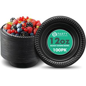 PARTY BARGAINS 12oz Disposable Black Plastic Bowls (100 Pack) Microwave Safe Dinnerware