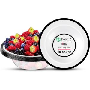 PARTY BARGAINS 12oz Disposable Plastic Bowls, Contrast Collection Clear with Black Rim [10 Pack]
