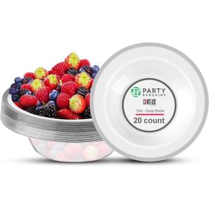 PARTY BARGAINS 12oz Disposable Plastic Bowls, Contrast Collection Clear with Silver Rim [20 Pack]