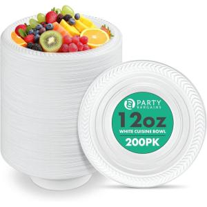 PARTY BARGAINS 12oz Disposable White Plastic Bowls (200 Pack) Microwave Safe Dinnerware