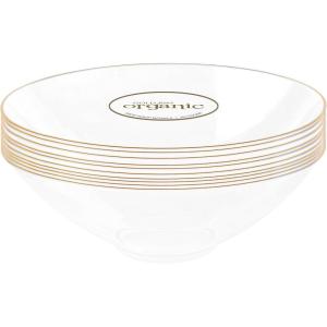PARTY BARGAINS 16oz Disposable Organic Collection Round Bowls, 10 Pack, Clear with Gold Rim, Elegant Plastic Dish Bowl Containers, Dishware for Storing, Serving
