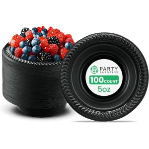 PARTY BARGAINS 5oz Disposable Black Plastic Bowls (100 Pack) Microwave Safe Dinnerware