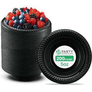 PARTY BARGAINS 5oz Disposable Black Plastic Bowls (200 Pack) Microwave Safe Dinnerware