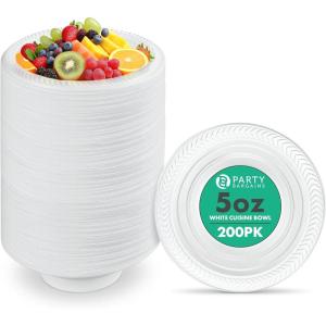 PARTY BARGAINS 5oz Disposable White Plastic Bowls (200 Pack) Microwave Safe Dinnerware