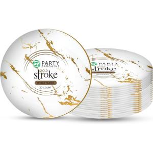 PARTY BARGAINS 6″ Gold Stroke Collection Disposable Lunch Plates, 20 Pack, White Plastic Table Setting Plates, Excellent Dinnerware for Banquet, Formal Events