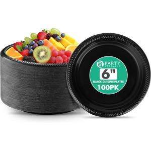 PARTY BARGAINS 6 Inch Disposable Black Plastic Plates (200 Pack) Microwave Safe Dinnerware(Black)