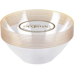 PARTY BARGAINS 6oz Disposable Organic Collection Round Bowls, 20 Pack, Clear with Gold Rim, Premium-quality & Elegant Plastic Dish Bowl Containers, Dishware for Storing, Serving