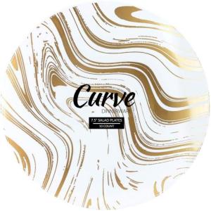PARTY BARGAINS 7.5″ Curve Collection Disposable Dinner Plates – 20 Pack, Heavy Duty White Gold Curve Elegant Tableware Dish Plates for Banquets, Catering, and Formal Events