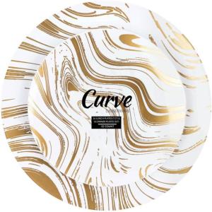 PARTY BARGAINS 7.5″ & 10″ Curve Collection Disposable Dinner Plates Combo – 32 Pack, Heavy Duty White Gold Curve Elegant Tableware Dish Plates for Banquets, Catering, and Formal Events