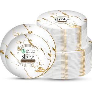 PARTY BARGAINS 7.5″ & 10″ Gold Stroke Collection Disposable Lunch & Dinner Plates Combo, 64 Pack, White Plastic Table Setting Plates, Excellent Dinnerware for Banquet, Formal Events