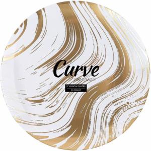 PARTY BARGAINS 9″ Curve Collection Disposable Dinner Plates – 20 Pack, Heavy Duty White Gold Curve Elegant Tableware Dish Plates for Banquets, Catering, and Formal Events