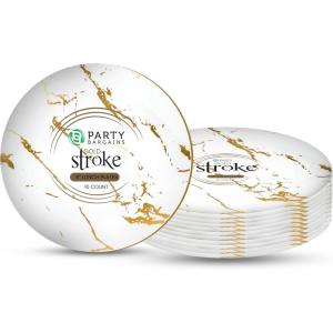 PARTY BARGAINS 9″ Gold Stroke Collection Disposable Lunch Plates, 10 Pack, White Plastic Table Setting Plates, Excellent Dinnerware for Banquet, Formal Events