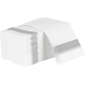 PARTY BARGAINS Disposable Cloth-Like Paper Guest Towels 100 Pack 13″ x 16″ White with Silver Line, Soft Absorbent Decorative Napkins for Weddings, Parties, Events, Home(White With Silver Line)