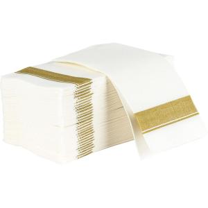 PARTY BARGAINS Disposable Cloth-Like Paper Guest Towels 100 Pack 13″ x 16″ White with Silver Line, Soft Absorbent Decorative Napkins for Weddings, Parties, Events, Home(White With Gold Line)