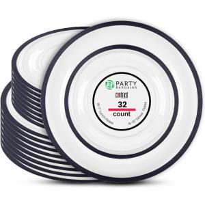 PARTY BARGAINS Disposable Plastic Plates – Contrast Collection, Clear with Gold Rim – 64 Plates (7in Appetizer & 10in Dinner Plates, 32 Each) – Elegant Party Plates for Events and Catering(Clear Black Rim)