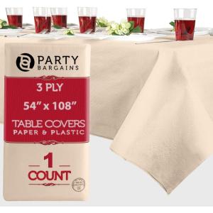 PARTY BARGAINS Disposable Table Covers, 54 x 108 Inch, Red, 3-Ply Paper & Plastic Spill-Resistant Party Tablecloths, 5 Pack(Ivory)
