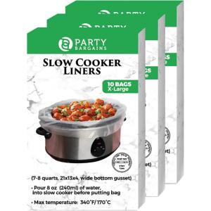 PARTY BARGAINS Slow Cooker Liners Extra Large 10 Pack, Fits 7–8 Quart Crock-Pots, 21 x 4 x 13 Inches, 4″ Wide Gusset, Heavy-Duty Multi-Use Cooking Bags, Oven & Sous Vide Safe(X-Large 30 Liners)
