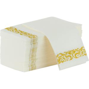 Party Bargains Disposable Linen-Feel Guest Towels, 100 Pack, 12″ x 17″ White with Silver Print, Soft Paper Hand Towels for Weddings, Cocktail Party, Decorative Fold Dinner Napkins(Gold)